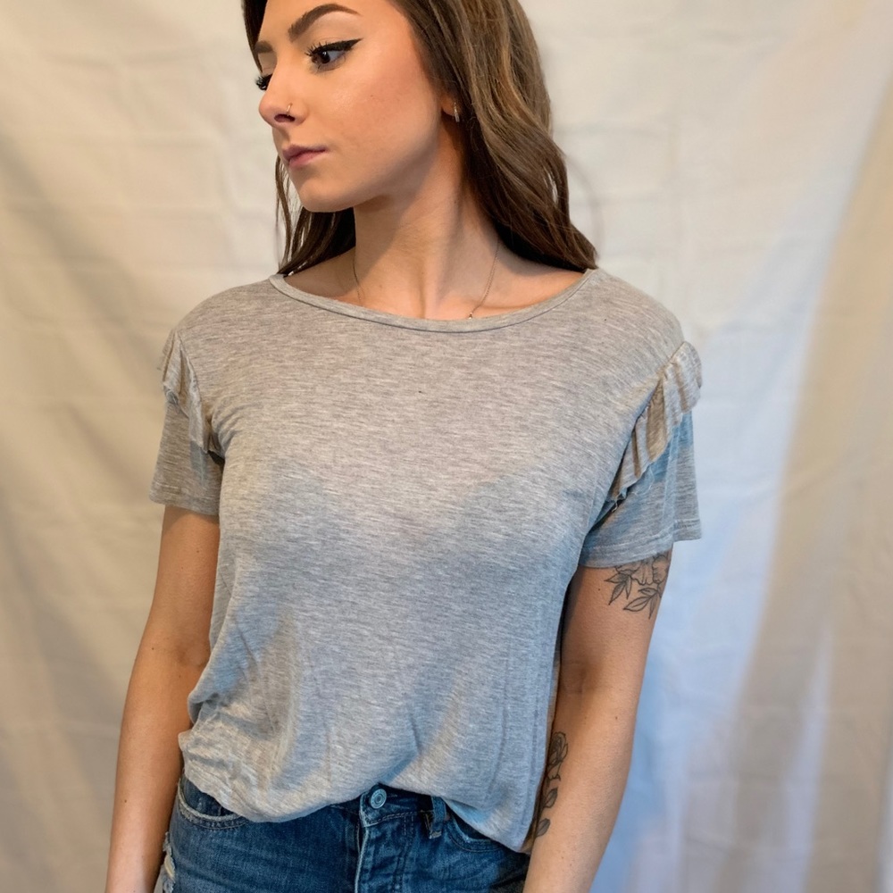 Moral Fiber basic tee with frill sleeves. LG.
